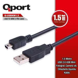 qport (q-usbkm1.5) usb2.0 to mını usb 1.5m data kablo