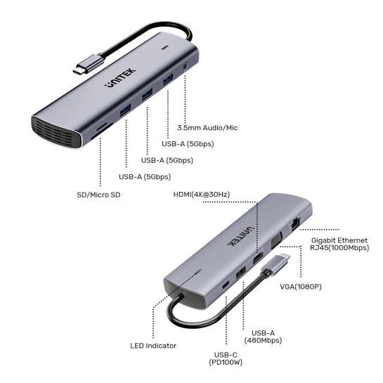 UNITEK UHUB U11+ 11-IN-1 USB-C HUB (D1113BGY01) Res6
