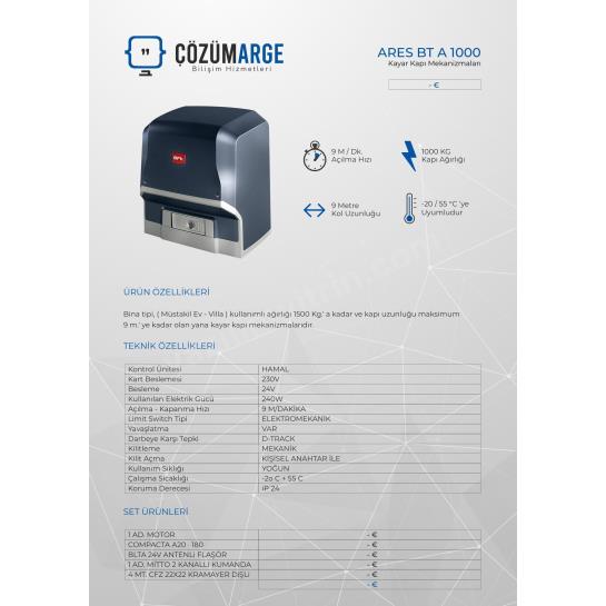 Bft Ares BT A1000 kayar kapı motoru, 1000 kg taşıma kapasitesi, 24V yapısı, D-Track güvenlik sistemi ve 9 m/dk açılma hızıyla üstün performans sunar. , BftAresBTA1000, , BftAres1000, , 1000KgKapıMotoru, , 1TonKapıMotoru, , KayarKapıMotoru