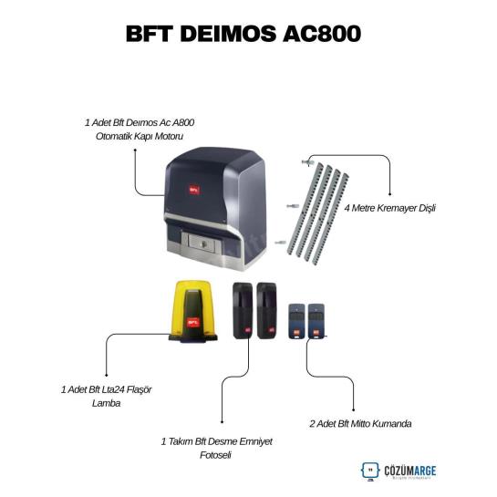 Bft Deimos AC A800 kayar kapı motoru seti; 800 kg taşıma, 230V AC güç, fotosel, flaşör lamba ve 2 kumanda ile güvenli, dayanıklı otomatik kapı çözümü. , BftDeimosACA800, , BftDeimosA800, , 800KgKapıMotoru, , KayarKapıMotoru, , BftOtomasyon, , 230VKapıMotoru