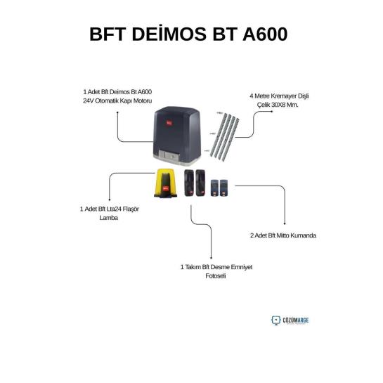 Bft Deimos BT A600 24V kayar kapı motoru seti; 600 kg taşıma, 12 m/dk hız, fotosel, flaşör ve kumanda ile site, villa ve işyerleri için ideal çözüm. , BftDeimosBTA600, , BftDeimosA600, , KayarKapıMotoru, , 600KgKapıMotoru