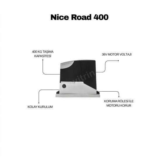 Nice Road 400 kayar kapı motoru; 400 kg taşıma kapasitesi, kolay kurulum, motor koruma rölesi ve kompakt gövde yapısıyla öne çıkar. , NiceRoad400KayarKapı , RDKCESiteGirişi , KayarKapıMotoruVilla , OtomatikKapıMotoruApartmanGirişi , NiceMotorSiteGirişi , 400KgKapıMotoruKonutGirişi , 36VMotorKayarKapı , KompaktGövdeSiteGirişi