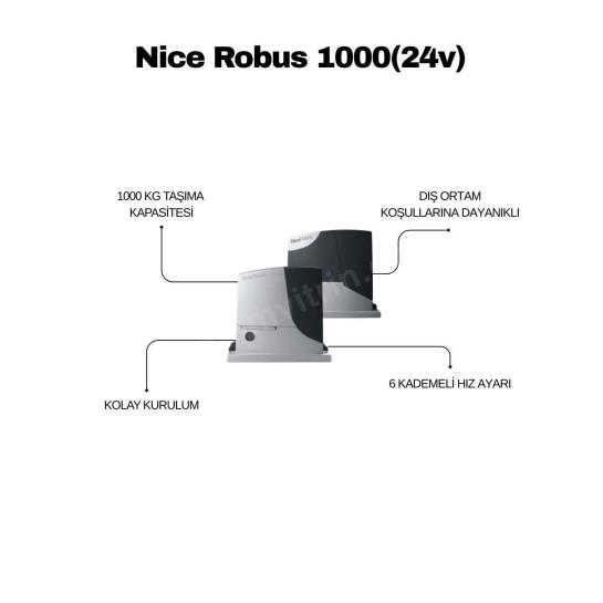 Nice Robus 1000 24V kayar kapı motoru; 1000 kg taşıma kapasitesi, 6 kademeli hız ayarı ve güvenli otomatik kullanım sunar. Orijinal Nice kit seti. , NiceRobus1000, , ROBUS1000KIT, , 1000KgKapıMotoru, , 1TonKapıMotoru