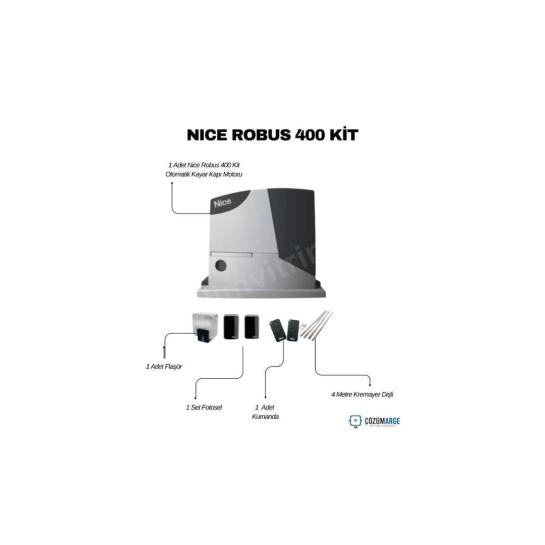 Nice Robus 400 Kit içeriği: 400 kg kayar kapı motoru, flaşör, fotosel, kumanda ve 4 metre kremayer dişli ile tam otomatik güvenli çözüm. , NiceRobus400Kit , KayarKapıMotoruSiteGirişi , NiceBahçeKapısıMotoruVilla , Robus400KitOtoparkGirişi , NiceKayarKapıMotoruApartmanGirişi , KremayerDişliOtomatikKapı , FotoselGüvenlikSistemiSiteGirişi