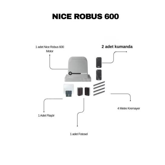 Nice Robus 600 seti; 24V DC, 600 kg kapasiteli, 6 kademeli hızlı, Bluebus güvenlikli kayar kapı motorudur. Fotosel, flaşör ve kumanda dahildir. , NiceRobus600BahçeKapısı , KayarKapıMotoruSiteGirişi , NiceKayarKapıMotoruVilla , 600KgBahçeKapısıMotoruGaraj , BluebusGüvenlikliKayarKapı , Robus600OtoparkGirişi , 24VKayarKapıMotoruBahçeGirişi