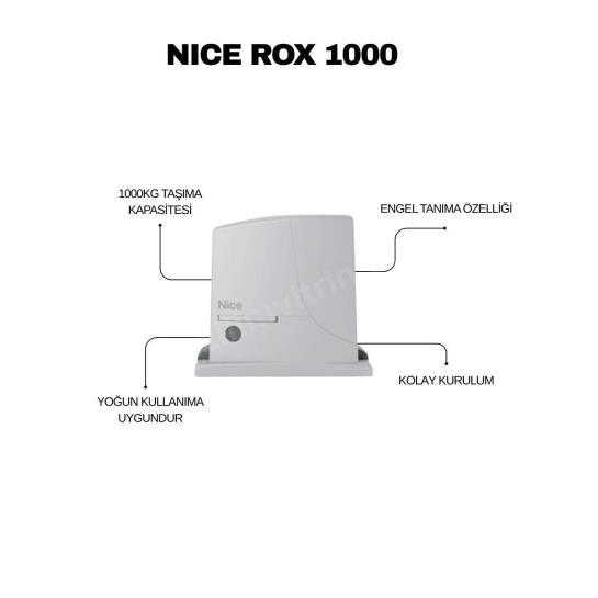 Nice ROX 1000; 1000 kg’a kadar kayar kapılar için 230V AC motorlu, engel tanıma ve yavaş başla-dur özellikli, güvenli ve dayanıklı otomatik kapı çözümüdür. , NiceROX1000, , 1000KgKapıMotoru, , 1TonKapıMotoru, , KayarKapıMotoru, , NiceOtomasyon