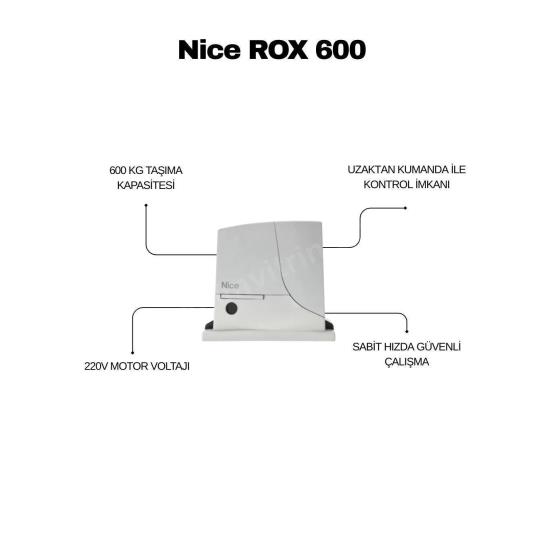 Nice ROX 600 kit, 600 kg ve 7 m’ye kadar yana kayar kapılar için ideal. Uzaktan kumandalı, 230V motorlu, sessiz ve güvenli otomasyon çözümü. , NiceROX600 , NiceROX600Kit , KayarKapıMotoru , BahçeKapısıMotoru , NiceOtomasyon