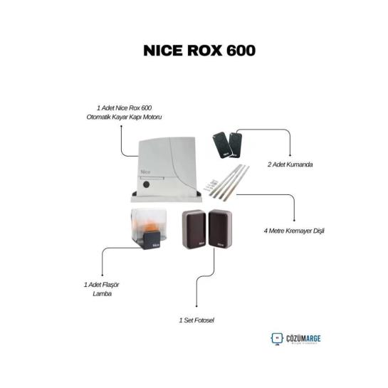 Nice ROX 600 Kit, 600 kg ağırlığa ve 7 metre uzunluğa kadar olan bahçe kapıları için tasarlanmış, güvenilir ve ekonomik bir otomasyon çözümüdür. Dahili kontrol ünitesi ve alıcısıyla eksiksiz bir set sunan ROX 600, elektromekanik limit switch sistemi sayesinde hassas duruş sağlar. 230V motor yapısı, sağlam döküm alüminyum gövdesi ve sessiz çalışma prensibiyle müstakil ev ve villa girişleri için idealdir. Kolay montaj imkanı ve uzun ömürlü performansıyla Nice kalitesini uygun maliyetle sunar. , NiceROX600 , NiceROX600Kit , KayarKapıMotoru , BahçeKapısıMotoru , NiceOtomasyon