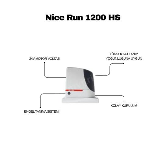 Nice Run 1200 HS, 1200 kg ağırlığa kadar olan kapılar için tasarlanmış, hızın ön planda olduğu projeler için üretilen "High Speed" serisi bir motordur. Standart motorlara göre çok daha seri açılma ve kapanma hızı sunarak, güvenliğin ve zamanın kritik olduğu yoğun trafikli girişlerde jet hızında performans sağlar. BlueBUS teknolojisi ile aksesuarların kolayca bağlanmasına olanak tanırken, gelişmiş ısı sensörü ile çalışma gücünü hava koşullarına göre optimize eder. İtalyan kalitesini yüksek hız ve dayanıklılıkla birleştiren, sınıfının en hızlı ve akıllı motorudur. , NiceRun1200HS, , HızlıKapıMotoru, , NiceHighSpeed, , 1200KgKapıMotoru, , NiceOtomasyon, , KayarKapıMotoru