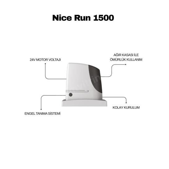Nice Run 1500 kayar kapı motoru, 1500 kg taşıma kapasitesi, 24V motor, engel tanıma sistemi ve kolay kurulum ile endüstriyel kullanım için ideal. , NiceRun1500KayarKapıMotoru , NiceRun1500FabrikaGirişi , NiceRun1500EndüstriyelKullanım , NiceKayarKapıMotoruSiteGirişi , 24VMotorKayarKapı , EngelTanımaSistemiKayarKapı , KolayKurulumKapıMotoru