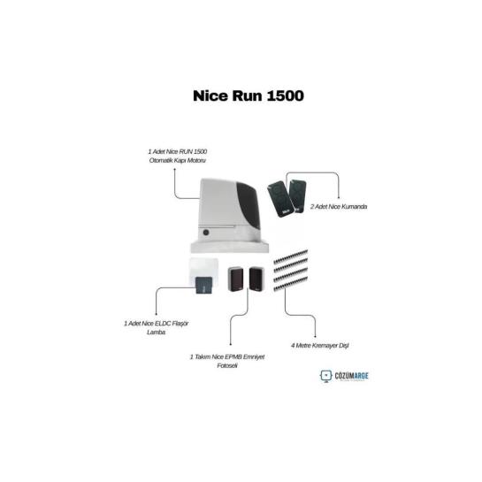 Nice Run 1500 1500 kg kayar kapı motoru seti; 2 kumanda, emniyet fotoseli ve flaşör lamba ile ağır kapılarda güvenli, sarsıntısız ve dayanıklı çözüm sunar. , NiceRun1500KayarKapıMotoru , NiceRun1500SiteGirişi , NiceRun1500FabrikaGirişi , NiceKayarKapıMotoruOtoparkGirişi , KayarKapıMotoruEndüstriyelAlan , NiceRun1500OtomatikKapıMotoru , 1500KgKapıMotoruAğırKapı