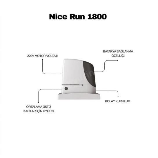 Nice Run 1800 KİT, 220V motor voltajı, batarya bağlantı özelliği ve kolay kurulumu ile orta üstü kapılar için ideal, dayanıklı yana kayar kapı motorudur. , NiceRun1800, , NiceRun1800Kit, , 1800KgKapıMotoru, , NiceKayarKapıMotoru, , EndüstriyelKapıMotoru