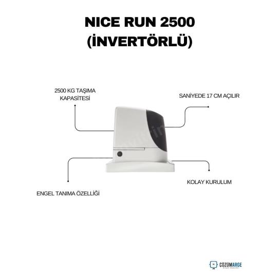 Nice RUN 2500I invertörlü yana kayar kapı motoru, 2500 kg taşıma kapasitesi, hızlı açılma, engel tanıma ve kolay kurulumla güvenli kullanım sunar. , NiceRUN2500I , KayarKapıMotoru , EndüstriyelKapıMotoru , 2500kgKapıMotoru