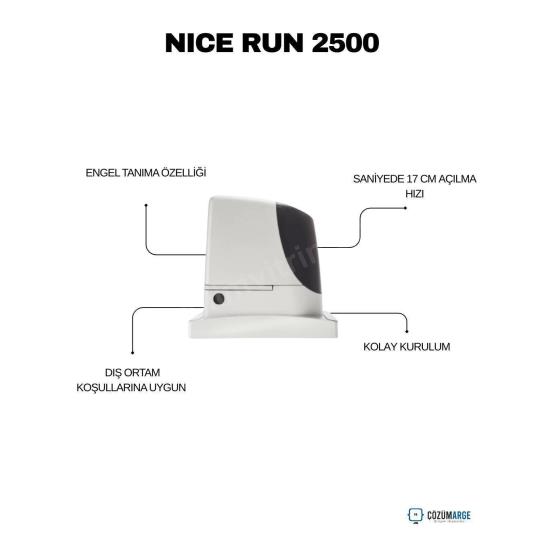 Nice RUN 2500 kayar kapı motoru seti; 2500 kg kapasite, engel tanıma, hızlı açılma ve dış ortama uygun dayanıklı yapı ile endüstriyel kullanıma idealdir. , NiceRun2500KayarKapıMotoru , NiceRun2500SiteGirişi , KayarKapıMotoruEndüstriyelAlan , NiceRun2500OtoparkGirişi , EngelTanımaKapıMotoru , HızlıAçılırKayarKapı , DışOrtamaUygunKapıMotoru