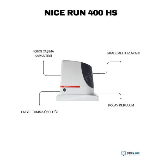 Nice Run 400 HS kit; 400 kg taşıma kapasiteli, 6 kademeli hızlı kayar kapı motoru. Engel tanıma, kolay kurulum ve yüksek hızla villa ve işletmeler için ideal. , NiceRun400HSVillaGirişi , HızlıKayarKapıMotoruİşletmeGirişi , NiceRunHSSiteGirişi , KayarKapıMotoruOtoparkGirişi , EngelTanımaKayarKapıSistemi , NiceKullanışlıKurulumVilla , HiSpeedKapıMotoruİşyeriGirişi
