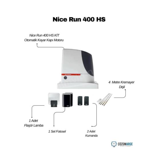 Nice Run 400 HS hızlı yana kayar kapı motoru kiti; 24V Hi-Speed, 400 kg kapasite, fotosele, flaşör lamba, 2 kumanda ve 4 metre kremayer dişli içerir. , NiceRun400HSVilla , HizliKayarKapiMotoruSiteGirisi , NiceRunHSIsletmeGirisi , KayarKapiMotoruOtoparkGirişi , HiSpeedKapiMotoruVilla , NiceMotorKumandaSeti , BlueBUSKayarKapiSistemi , FotoseLVeFlaşorLamba 