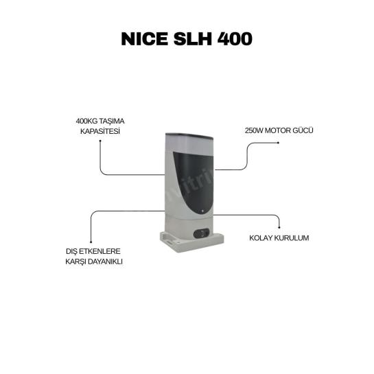 Nice SLH 400 Kit kayar kapı motoru; 400 kg taşıma kapasitesi, 250W motor gücü, kolay kurulum ve dış etkenlere dayanıklı yapı ile güvenli kullanım sunar. , NiceSLH400KayarKapıMotoru , NiceSLH400SiteGirişi , NiceKayarKapıMotoruBahçeKapısı , SlimKasaKayarKapıMotoru , NiceOtomasyonVillaGirişi , KayarKapıMotoruOtoparkGirişi
