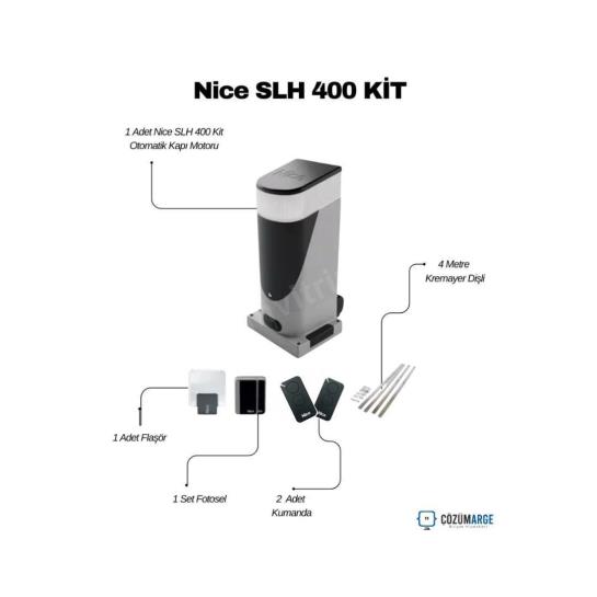 Nice SLH 400 KİT, 400 kg kayar kapı motoru seti; fotosel, flaşör, kumanda ve 4 m kremayer dişli ile güvenli, sessiz ve dayanıklı otomasyon çözümü. , NiceSLH400KitBahçeKapısı , NiceSLH400KayarKapıMotoru , NiceOtomasyonSiteGirişi , KayarKapıMotoruVilla , NiceKumandaOtoparkGirişi , FotoselGüvenlikBahçeKapısı , KremayerDişliBahçeKapısı