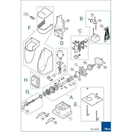 Nice SLH 400 kit patlamış resim; kayar kapı motoru parçaları, kontrol ünitesi ve aksesuarlarıyla 400 kg kapasiteli slim kasa otomasyon sistemi. , NiceSLH400Kit , KayarKapıMotoruBahçeKapısı , NiceOtomasyonKayarKapı , SlimKasaKapıMotoru , BahçeKapısıOtomasyon , NiceSLH400KontrolÜnitesi , KayarKapıMotoruSiteGirişi