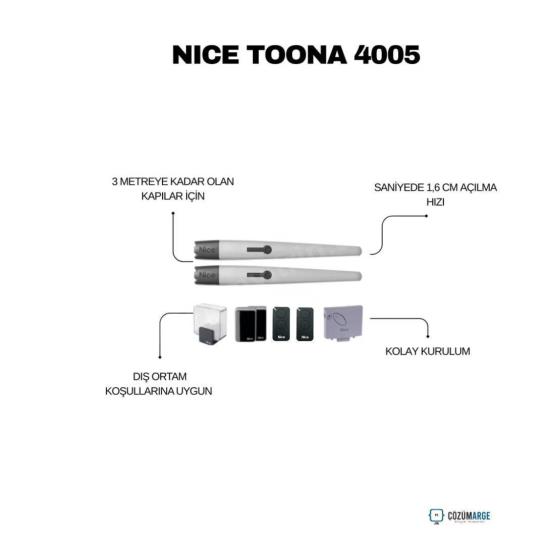 Nice Toona 4005 kanatlı bahçe kapısı motor kiti; 3 m’ye kadar kapılar için, 1,6 cm/sn açılma hızı, dış ortam uyumlu ve kolay kurulumlu otomasyon çözümü. , NiceToona4005 , Toona4005Kit , KanatlıBahçeKapısıMotoru , BahçeKapısıOtomasyonu , DışOrtamUyumluMotor , KolayKurulumOtomasyon