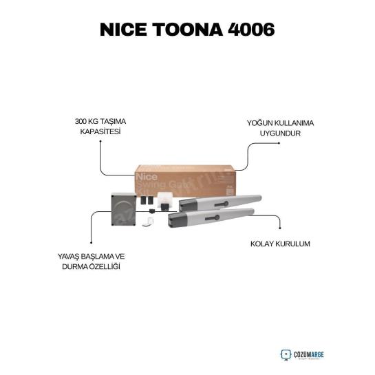 Nice Toona 4006 kit, 300 kg taşıma kapasiteli, yavaş başlama/durma, kolay kurulum ve yoğun kullanıma uygun kanatlı kapı motoru çözümüdür. , NiceToona4006KanatlıKapı , Toona4006KitSiteGirişi , KanatlıKapıMotoruVilla , NiceOtomasyonBahçeKapısı , Toona4006OtoparkGirişi , NiceYavaşBaşlamaDurma , NiceYoğunKullanımKapıMotoru