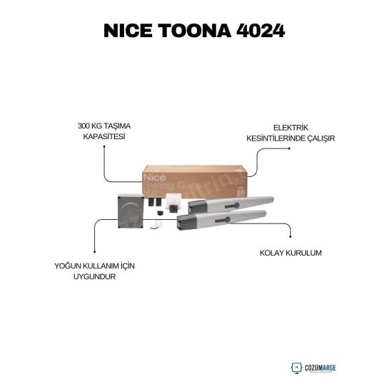 Nice Toona 4024 kit, 24V kanatlı bahçe kapısı motoru; 300 kg taşıma kapasitesi, yoğun kullanıma uygun, elektrik kesintilerinde çalışır ve kolay kurulum sunar. , NiceToona4024BahçeGirişi , Toona4024KitSiteGirişi , KanatlıKapıMotoruVilla , NiceOtomasyonFabrikaGirişi , 24VKapıMotoruBahçeKapısı , YoğunKullanımSiteGirişi , ElektrikKesintisiBahçeKapısı