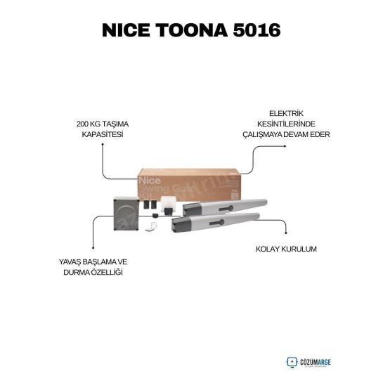 Nice Toona 5016 kanatlı bahçe kapısı motoru kiti; 200 kg taşıma kapasitesi, elektrik kesintilerinde çalışma, yavaş başlama-durma ve kolay kurulum sunar. , NiceToona5016 , Toona5016Kit , KanatlıKapıMotoru , DaireselKapıMotoru , NiceOtomasyon