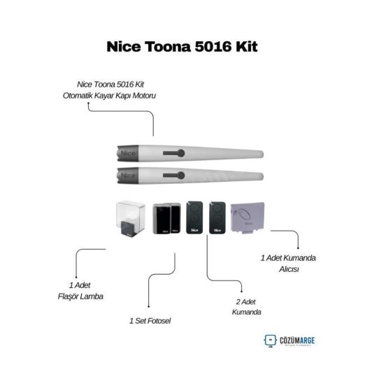 Nice Toona 5016 kanatlı bahçe kapısı motor kiti; 5 m kanat, 600 kg kapasite, 230V güçlü ve sessiz çalışma, fotosel, flaşör, kumanda alıcısı ve 2 kumanda içerir. , NiceToona5016VillaGirişi , KanatlıKapıMotoruBahçeKapısı , NiceOtomasyonSiteGirişi , DaireselKapıMotoruVilla , Toona5016KitÇiftlikGirişi , NiceKapıMotoruEndüstriyelAlan , KanatlıBahçeKapısıOtomasyon 