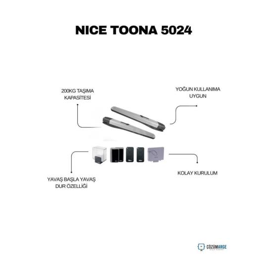 Nice Toona 5024 Kit, 5 metre kanat genişliği ve 600 kg taşıma kapasitesiyle dairesel kapılar için üretilmiş, yoğun kullanıma uygun 24V bir otomasyon çözümüdür. İki parçalı sağlam alüminyum gövdesi ve bronz alaşımlı iç aksamı ile en zorlu hava koşullarında dahi yüksek direnç gösterir. BlueBUS teknolojisi sayesinde kolay kurulum imkanı tanırken, engel tanıma özelliği ve yumuşak kalkış-duruş fonksiyonu ile maksimum güvenlik sağlar. Yoğun trafikli villa, site ve işletme girişleri için sessiz, güvenilir ve uzun ömürlü bir İtalyan mühendislik harikasıdır. , NiceToona5024 , Toona5024Kit , KanatlıKapıMotoru , DaireselKapıMotoru , NiceOtomasyon