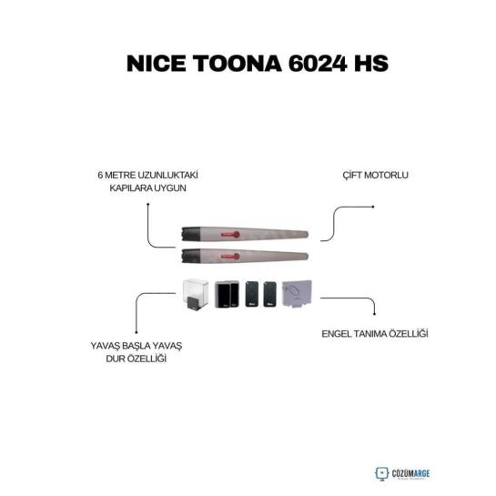 Güç ve hızı birleştiren Nice Toona 6024 HS Kit, büyük ve ağır dairesel bahçe kapıları için tasarlanmış yüksek hızlı (Hi-Speed) bir otomasyon çözümüdür. Tek kanat genişliği 6 metreye kadar olan kapılarda, standart motorlara oranla çok daha hızlı açılıp kapanma performansı sunar. 24V DC motoru sayesinde yoğun kullanım döngülerine mükemmel uyum sağlar ve akıllı engel tanıma sistemiyle güvenliği en üst düzeye çıkarır. BlueBUS teknolojisi ve hassas limit switch özellikleri ile donatılan bu set, rüzgar yüküne karşı dirençli gövdesiyle en zorlu hava koşullarında bile sessiz ve sarsıntısız çalışır. Prestijli projelerin ve geniş girişlerin hızlı koruyucusu! , NiceToona6024HS , NiceHiSpeed , HızlıKapıMotoru , 6MetreKapıMotoru , AğırHizmetKapıOtomasyonu