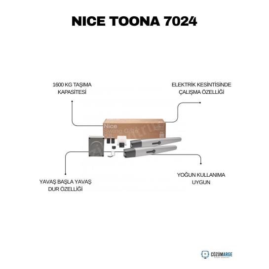 Endüstriyel ve geniş konut girişleri için tasarlanan Nice Toona 7024 Kit, tek kanat genişliği 7 metreye kadar olan ağır kapılarda profesyonel çözüm sunar. 24V DC akıllı motor yapısı sayesinde yoğun kullanım trafiğine tam uyum sağlar ve enerji verimliliği sunar. İki parçalı döküm alüminyum gövdesi, iç mekanizmayı dış etkenlerden koruyarak motorun ömrünü uzatır. BlueBUS teknolojisi ile aksesuarlar kolayca bağlanırken, hassas engel tanıma sistemi güvenliği en üst seviyeye taşır. Sessiz çalışma prensibi ve rüzgar direncine karşı yüksek tork gücüyle, büyük kapıların en güvenilir ve sarsıntısız operatörüdür. , NiceToona7024 , 7MetreKapıMotoru , NiceBahçeKapısıMotoru , AğırHizmetOtomasyonu , NiceToonaKit