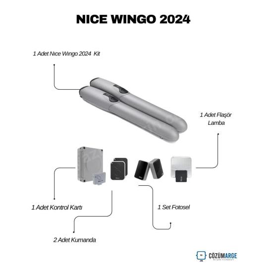 Nice Wingo 2024 kit; 2 metre/200 kg kapasiteli kanatlı kapı motoru, kontrol kartı, 2 kumanda, fotosel ve flaşör lamba ile tam otomasyon çözümü. , NiceWingo2024 , NiceWingoKit , KanatlıKapıMotoru , DaireselKapıMotoru , NiceOtomasyon