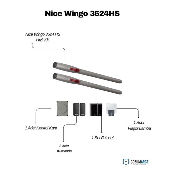 Nice Wingo 3524HS hızlı kit içeriği; 1 kontrol kartı, 2 kumanda, 1 set fotosel ve 1 flaşör lamba ile dairesel kapı otomasyonu için eksiksiz çözüm. , NiceWingoVillaGirişi , DaireselKapıMotoruSiteGirişi , NiceHiSpeedBahçeKapısı , WingoHSDaireselKapı , KanatlıKapıMotoruVilla , NiceWingoHızlıKit , BahçeKapısıOtomasyonSistemi , SiteGirişiKapıMotoru