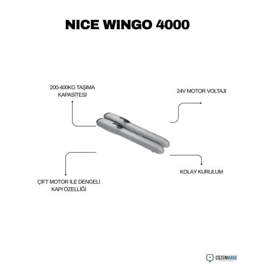 Nice Wingo 4000 KİT kanatlı kapı motoru; 200-400 kg taşıma kapasitesi, 24V motor, çift motor dengesi ve kolay kurulumla güvenli otomasyon sağlar. , NiceWingo4000 , Wingo4000Kit , KanatlıKapıMotoru , DaireselKapıMotoru , NiceOtomasyon , SiteGirişiKapıMotoru , VillaGirişiOtomasyon , KolayKurulumMotor