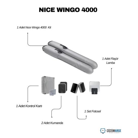 Nice Wingo 4000 KİT içeriği: 1 motor seti, 1 flaşör lamba, 1 kontrol kartı, 2 kumanda ve 1 fotosel ile kanatlı kapı otomasyonu için eksiksiz çözüm. , NiceWingo4000KanatlıKapı , Wingo4000SiteGirişi , NiceOtomasyonVillaGirişi , KanatlıKapıMotoruSiteGirişi , NiceWingo4000Villa , FotoselKanatlıKapı , FlaşörLambaKapıOtomasyonu