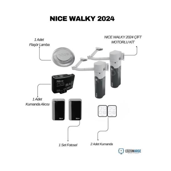 Nice Walky 2024 çift motorlu kit; mafsallı kol, fotosel, kumanda alıcısı ve 2 kumandayla çift kanatlı kapılar için kompakt, güvenli ve sessiz otomasyon çözümü. , NiceWalky2024 , NiceWalkyKit , ÇiftKanatlıKapıMotoru , MafsallıKapıMotoru , SiteGirişiOtomasyonu , VillaKapısıMotoru , NiceKapıMotoru 