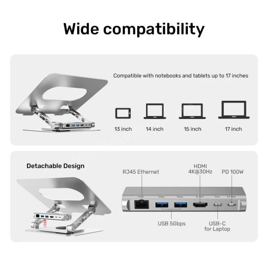UNITEK 360D METAL 15.6” NOTEBOOK STAND 5in1 VE DOCKING STATION (D1109B) Res10