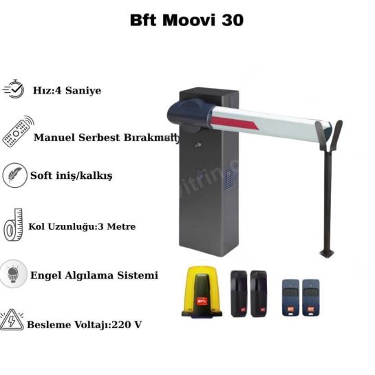 Bft Moovi 30 otopark bariyeri, 3 metre kol uzunluğu, 4 saniye hızlı açılma, engel algılama ve 220V besleme ile güvenli ve dayanıklı geçiş çözümü sunar. , BftMoovi30OtoparkGirişi , BftBariyerOtoparkGirişi , OtomatikBariyerSiteGirişi , 3MetreKolluOtoparkBariyeri , HızlıGeçişOtoparkGirişi , EngelAlgılamaBariyerSistemi , BftOtomasyonKamuKurumu
