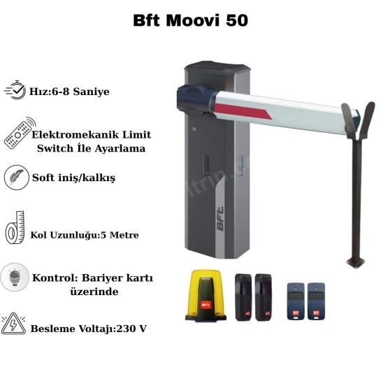 Bft Moovi 50 5 metre kollu otopark bariyeri tam set kit; hızlı 6-8 sn açılış, soft iniş/kalkış, elektromekanik limit switch ve 230V besleme ile güvenli geçiş sağlar. , BftMoovi50 , BftOtoparkBariyeri , OtoparkGirişi , SiteGirişi , 5MetreKolluBariyer , TamSetKit , ElektrikBeslemeliBariyer , ProfesyonelGeçişKontrolü