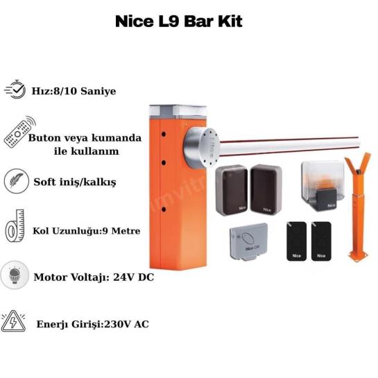 Nice L9 Bar Kit, 9 metre kollu endüstriyel bariyer seti; tır garajı ve geniş geçişler için 24V DC motorlu, hızlı, güvenli ve dayanıklı çözüm. , NiceL9TırGarajı , 9MetreKolluBariyerEndüstriyelGeçiş , NiceBariyerSistemleriDepoGirişi , EndüstriyelBariyerTırGarajı , NiceL9SiteGirişi , OtoparkBariyeriKamuKurumu , 24VDCMotorluBariyerGarajGirişi