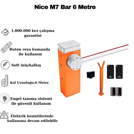 Nice M7 Bar, geniş girişlerin ve yoğun araç trafiğinin bulunduğu endüstriyel alanlar için tasarlanmış, 6 metrelik kol mesafesine sahip üst segment bir bariyerdir. 24V DC motoru sayesinde aralıksız çalışma performansına uygun olan bu sistem, yüksek dayanıklılığa sahip çelik gövdesiyle uzun ömürlü kullanım sunar. Engel tanıma özelliği ve ayarlanabilir hızıyla maksimum güvenlik sağlar. BlueBUS teknolojisi ve modüler yapısıyla kurulumu kolaylaştıran M7 Bar, prestijli projeler için İtalyan kalitesini yansıtır. , NiceM7Bar, , 6MetreKolluBariyer, , EndüstriyelOtoparkBariyeri, , NiceBariyerSistemleri