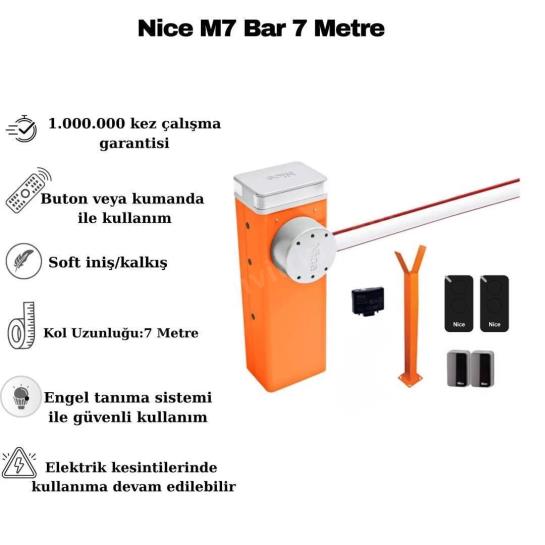 Nice M7 Bar 7 metre kollu endüstriyel otopark bariyeri; 24V DC motor, engel tanıma, soft iniş-kalkış ve uzaktan kontrol ile güvenli kullanım sunar. , NiceM7BarOtoparkGirişi , 7MetreKolluBariyerSiteGirişi , EndüstriyelOtoparkBariyeriFabrikaGirişi , NiceUzaktanKontrolOtopark , NiceEngelTanımaBariyeri , NiceSoftİnişKalkış , Nice24VMotorBariyer