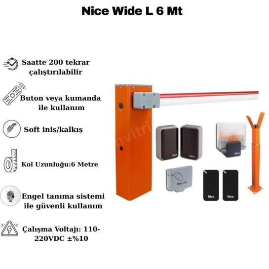 Nice Wide L 6 metre kollu otomatik otopark bariyeri; 24V DC motor, engel algılama ve soft iniş/kalkış ile endüstriyel güvenlik sağlar. , NiceWideL6,, OtomatikKapıBariyerleri,, Nice,, HızlıGeçişSistemleri