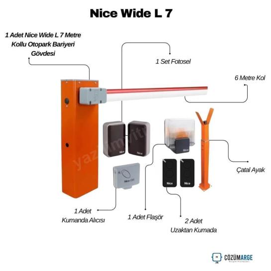 Nice Wide L 7 Metre Kollu Otopark Bariyer Seti; gövde, 6 m kol, fotosel, flaşör, kumanda alıcısı, 2 uzaktan kumanda ve çatal ayak içeriğiyle tam settir. , NiceWideL7OtoparkGirişi , NiceBariyerSetiSiteGirişi , OtomatikBariyerOtopark , KolluBariyerKamuKurumu , NiceFotoselOtoparkGirişi , WideL7FlaşörOtopark , ÇatalAyakBariyerSistemi
