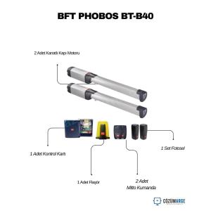 Bft Phobos BT A40, kanat başına 500 kg taşıma kapasitesi ve 4 metreye kadar kanat genişliği sunan, yüksek teknolojili bir dairesel kapı motoru setidir. 24V motor yapısı sayesinde yoğun kullanıma uygun olan bu sistem, engel tanıma (D-Track) özelliği ile maksimum güvenlik sağlar. Manyetik limit siviçleri sayesinde kapının açılma ve kapanma noktalarını hassas bir şekilde belirler. Şık tasarımıyla her türlü mimari yapıya uyum sağlayan Phobos A40, sessiz çalışması ve İtalyan kalitesiyle müstakil ev ve site girişleri için en ideal çözümdür. , BftPhobosBTA40, , KanatlıKapıMotoru, , DaireselKapıMotoru, , BftOtomasyon