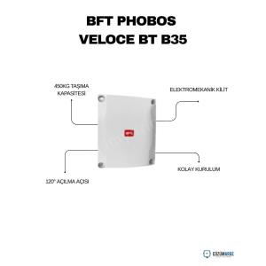 BFT Phobos Veloce BT B35 Smart Kit kanatlı kapı motoru seti; 24V hızlı otomasyon, 450 kg taşıma kapasitesi, 120° açılma açısı ve kolay kurulum sunar. , BFTPhobosVillaGirişi , PhobosVeloceSiteGirişi , BFTKanatlıKapıMotoruOtopark , BFTPhobosHızlıOtomasyon , VeloceBTB35ApartmanGirişi , KanatlıKapıMotoruVilla , BFTSmartKitBahçeKapısı