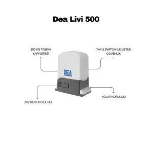 Dea Livi 500 kumandalı kayar kapı motoru seti; 500 kg taşıma kapasiteli, 24V, fotoselli, güvenlikli ve kolay kurulumlu otomatik kapı çözümüdür. , DeaOtomasyon, , OtomatikKapıSeti, , SürgülüKapıMotoru, , İtalyanKapıMotoru, , DeaLiviKit