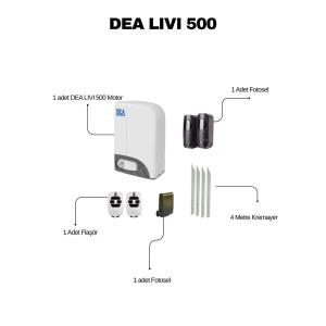 DEA Livi 500 kumandalı kayar kapı motoru seti; 500 kg kapasite, 24V motor, fotosel, kumanda ve dişli setiyle güvenli ve pratik kullanım sunar. , DeaOtomasyon, , OtomatikKapıSeti, , SürgülüKapıMotoru, , İtalyanKapıMotoru, , DeaLiviKit