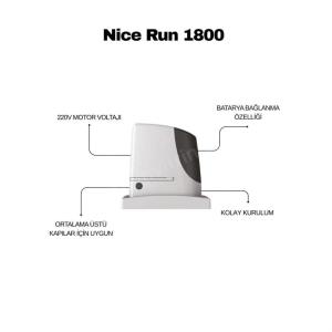 Nice Run 1800 KİT, 220V motor voltajı, batarya bağlantı özelliği ve kolay kurulumu ile orta üstü kapılar için ideal, dayanıklı yana kayar kapı motorudur. , NiceRun1800, , NiceRun1800Kit, , 1800KgKapıMotoru, , NiceKayarKapıMotoru, , EndüstriyelKapıMotoru