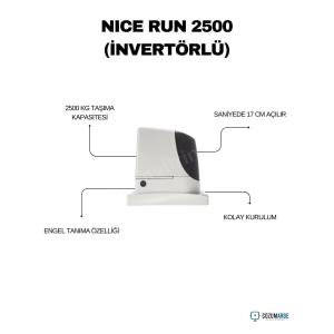 Nice RUN 2500I invertörlü yana kayar kapı motoru, 2500 kg taşıma kapasitesi, hızlı açılma, engel tanıma ve kolay kurulumla güvenli kullanım sunar. , NiceRUN2500I , KayarKapıMotoru , EndüstriyelKapıMotoru , 2500kgKapıMotoru